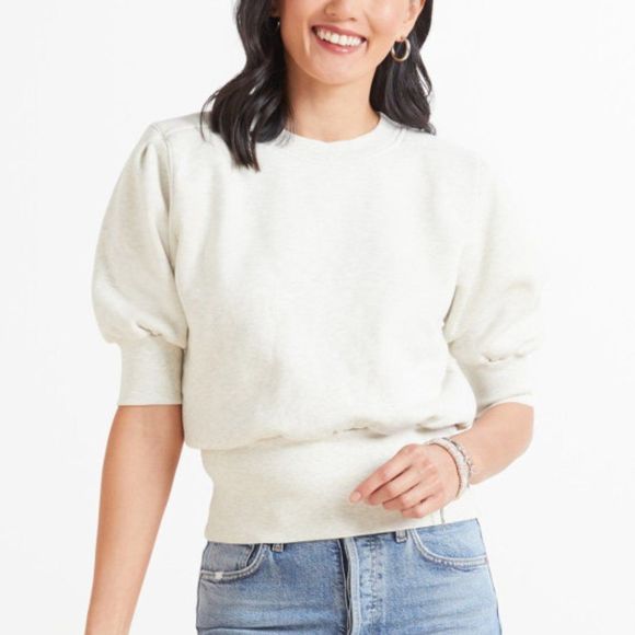 Frame Denim Tops - Frame Strong Shoulder Puff Sleeve Embroidered Logo Sweatshirt Oatmeal Heather XS